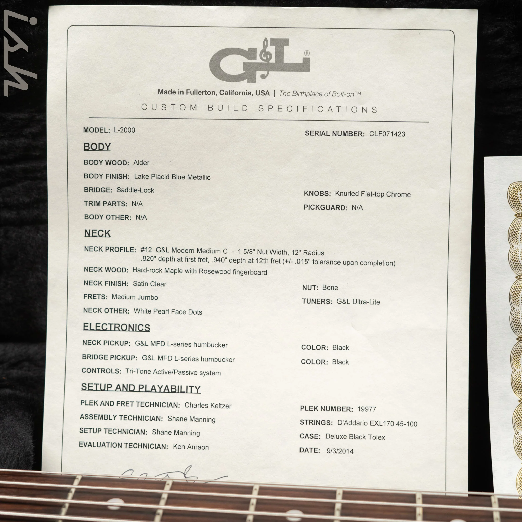 2014 G&L L-2000 Lake Placid Blue Metallic - Image 14